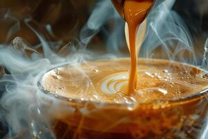 A cup of coffee being poured into a cup photo