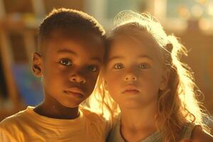 Two children are standing in front of a window photo