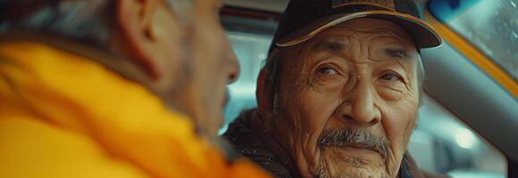 An older man is looking at the camera in a car photo