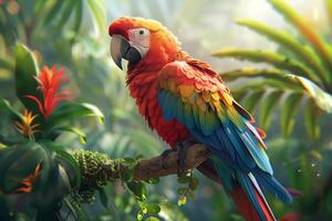 A colorful parrot sits on a branch in the jungle photo
