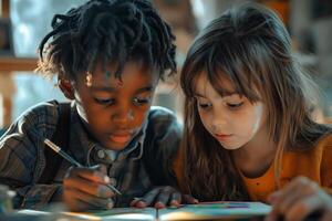 Two children are drawing on a piece of paper photo