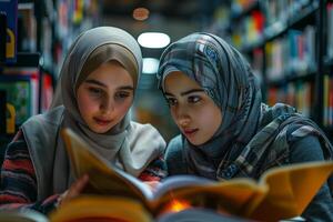 Two young women in hijab reading a book in a library photo