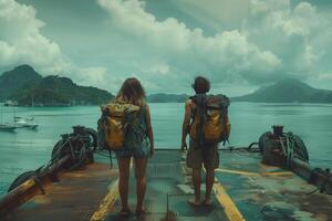 Two people with backpacks standing on a boat photo