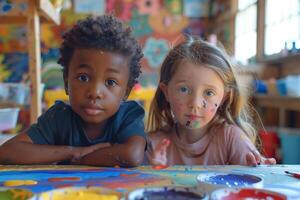 Two children sitting at a table with paint on their faces photo