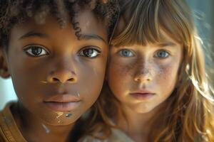 Two children with freckles and freckles on their faces photo