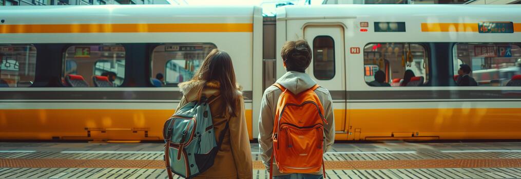dos personas con mochilas en pie en frente de un tren foto