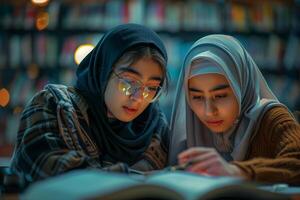 Two young women in hijab studying in a library photo