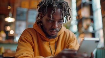 A man with dreadlocks looking at his phone photo