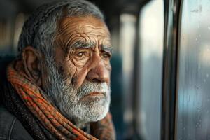 An old man sitting on a train looking out the window photo