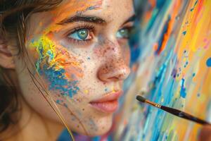 A woman with a colorful face is painting photo