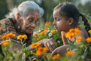 An older woman and a young girl in a field of flowers photo
