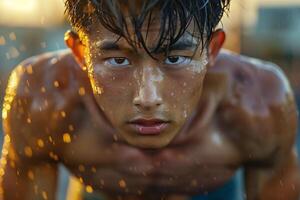A man is doing pushups in the rain photo