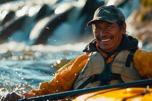 A man in a yellow rain jacket is smiling while he is in a kayak photo