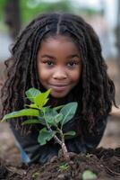 A young girl with dreadlocks is holding a plant photo