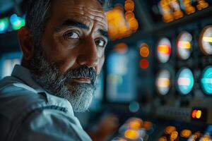 A man in a cockpit looking at the controls photo