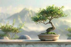 Bonsai tree in a pot on a table in front of mountains photo