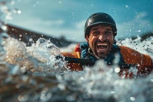 A man in a kayak is smiling while riding a wave photo