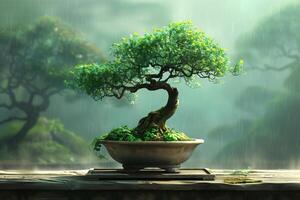 Bonsai tree in a pot on a table in the rain photo