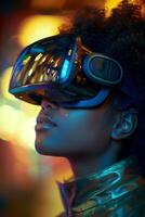 A woman wearing a virtual reality headset photo