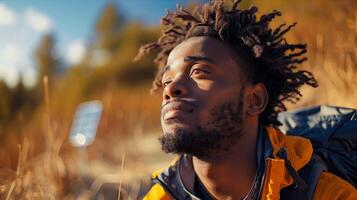A man with dreadlocks is looking up at the sky photo