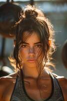 A woman with wet hair standing in front of a set of weights photo