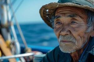 An old man in a straw hat on a boat photo