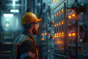 A man in a hard hat and safety glasses looking at a control panel photo