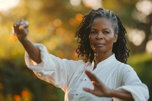 A woman in a white shirt is doing a karate move photo