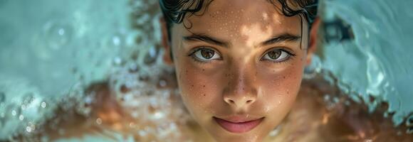 A young girl is swimming in the water photo