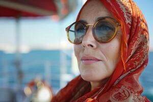 A woman wearing sunglasses and a scarf photo