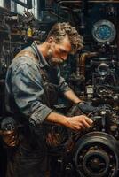 A man working on a machine in a factory photo