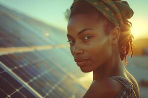 A woman with a headband and a scarf is standing in front of a solar panel photo