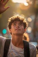 A young man with a backpack and a white shirt photo