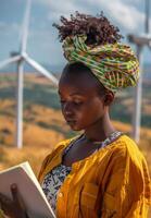 African woman reading in front of wind turbines photo