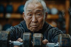 An older man is lifting weights in a gym photo