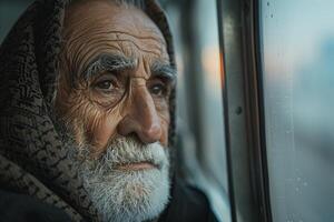 An old man looking out the window of a train photo