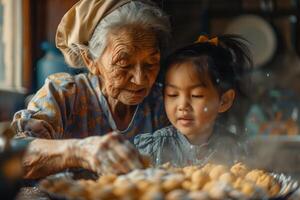 An older woman and a young girl are making cookies photo