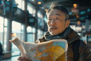 Asian man looking at map in airport photo