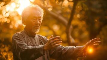 An elderly man is practicing tai chi in the sun photo