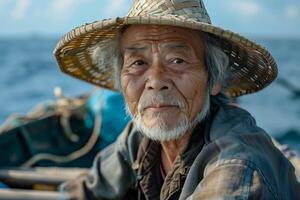 An old man in a straw hat on a boat photo