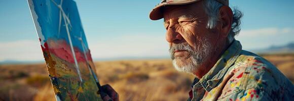 An older man holding a paintbrush in a field photo