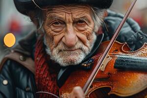 An old man playing the violin in the rain photo