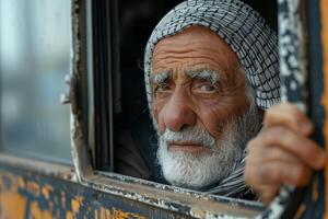 An old man with a white beard and a turban looks out the window of a bus photo