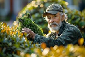 An older man is holding a plant in his hand photo