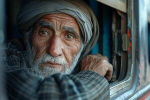 An old man looking out the window of a train photo