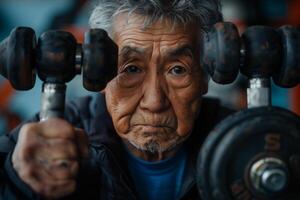 An older man is holding two dumbbells photo