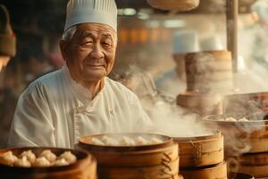 An older man in a chef hat is cooking food photo