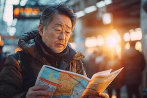 An older man is reading a map in a train station photo