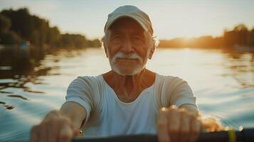 An older man rowing on a lake at sunset photo