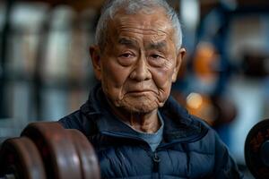 An elderly man is lifting weights in a gym photo